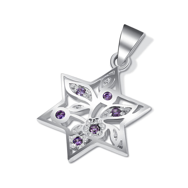 Sterling Silver Star of David Pendant -Inlaid Purple Stones